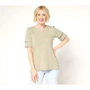 Belle by Kim Gravel Slub Knit Diamond Trim Top Green Tea Large A686384